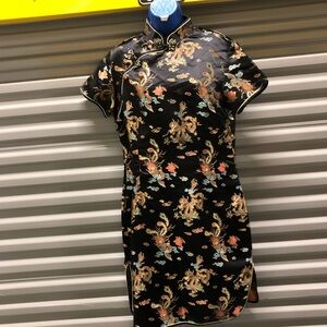 Black & gold floral dragon print satin kimono geisha dress